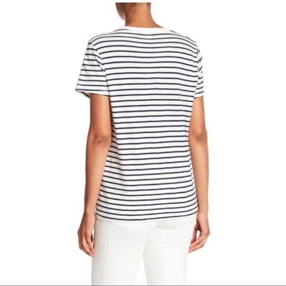 Madewell Crewneck Cotton Navy Blue White Stripe Pocket Tee Size Medium - Picture 2 of 9